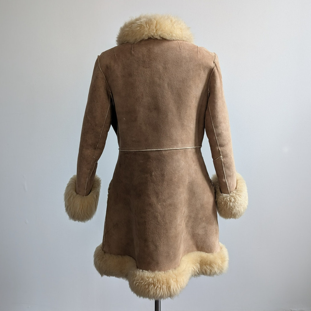 Vintage Brown Suede Fur Coat Boho Tan Leather Penny Lane Jacket Fur Trim Medium - Picture 6 of 11